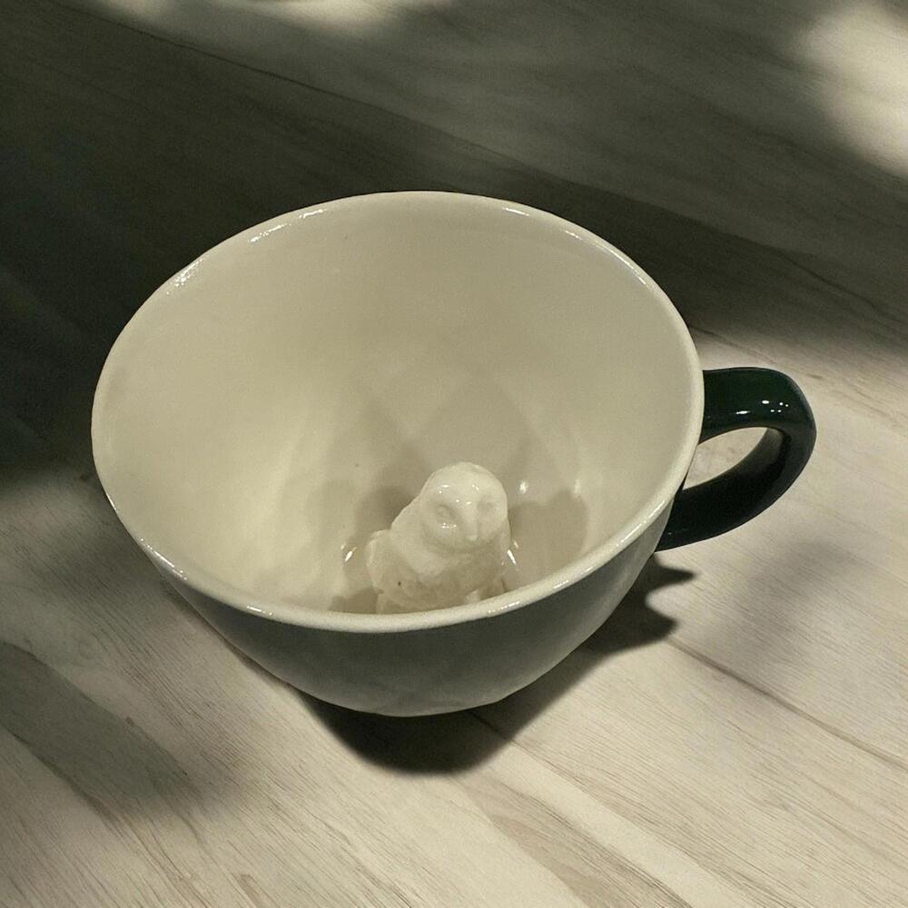 Creature Cups Owl Mug 3D Surprise Figurine Inside Green Ceramic Cup 4.25"x3.25"